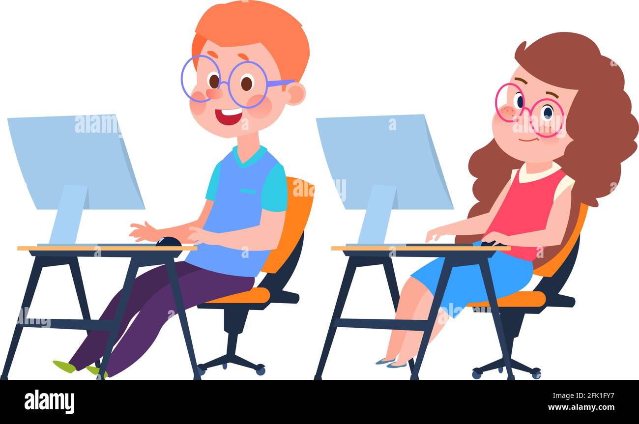 Bambini e informatica. Lezione di informatica, ragazza ragazzo cartoon a scrivanie con monitor. I bambini imparano a codificare l'illustrazione vettoriale Illustrazione Vettoriale