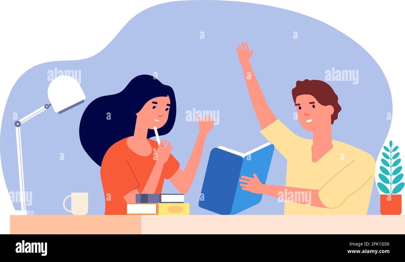 Aiuto nell'apprendimento. Gli studenti si preparano all'esame, all'autoformazione o alla ricerca di nuove idee. Gli studenti creativi hanno trovato la soluzione, leggendo insieme i libri di testo Illustrazione Vettoriale