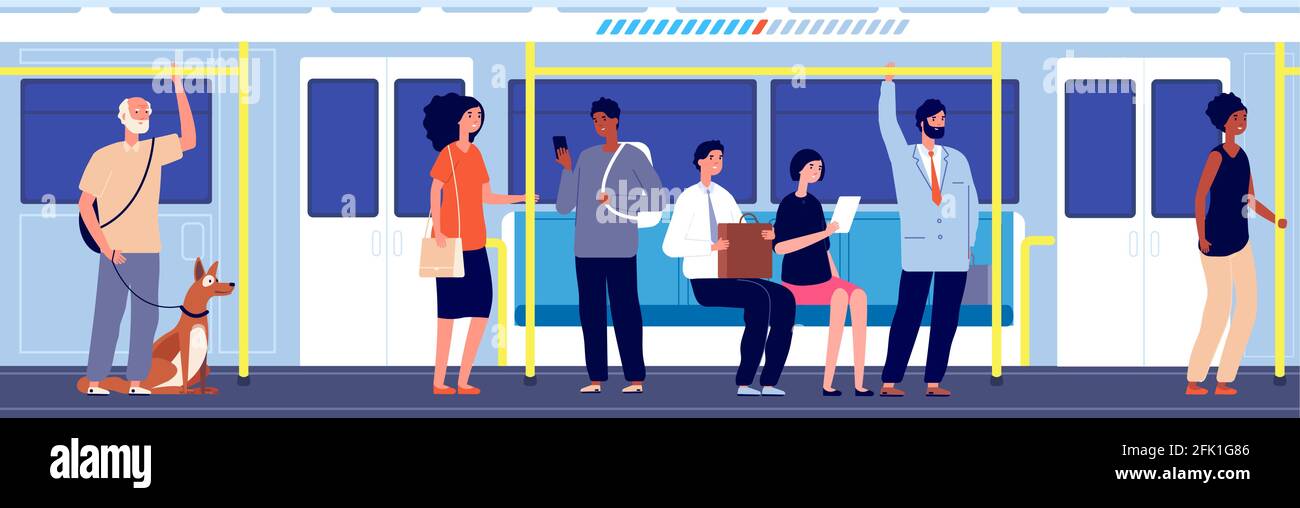 Persone con mezzi pubblici. Viaggio in treno della metropolitana, folla in metropolitana urbana. Carrozza sovraffollata, moderna illustrazione vettoriale dei trasporti urbani Illustrazione Vettoriale