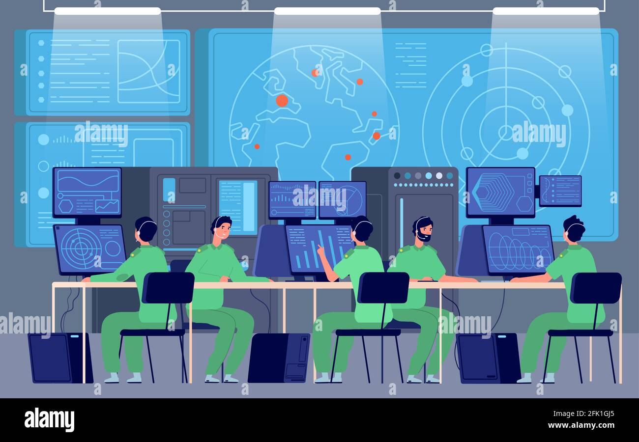 Centro di controllo governativo. Sala di comando, ingegneri che controllano la missione militare. Stazione di sicurezza, concetto vettoriale del dipartimento di sicurezza informatica Illustrazione Vettoriale