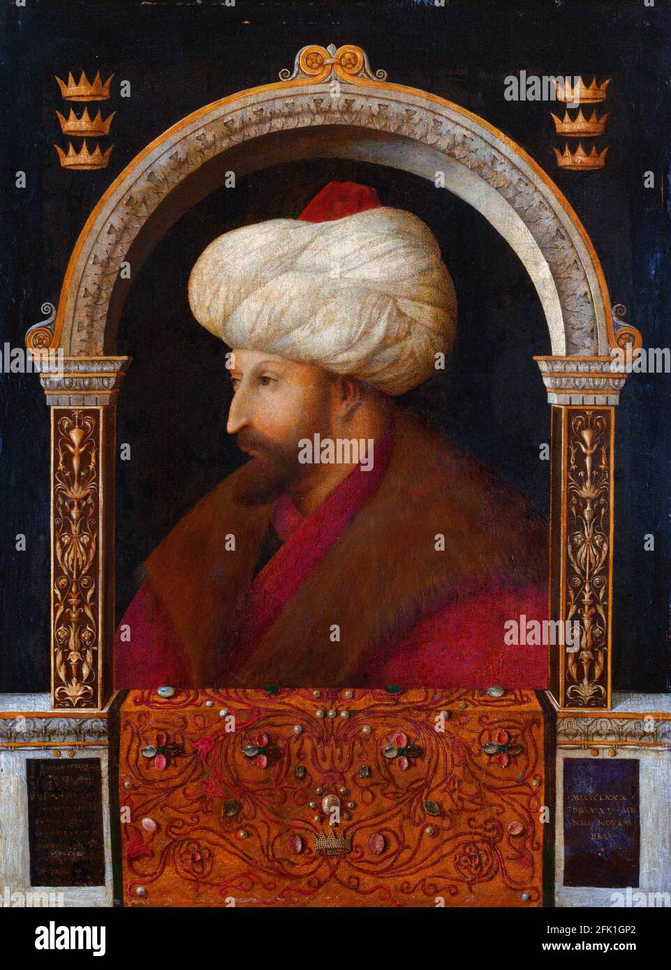 Mehmed II Ritratto del sultano Ottomano, Mehmed II (1432-1481), comunemente noto come Mehmed il Conquistatore, di gentile Bellini, olio su tela, c.1480 Foto Stock