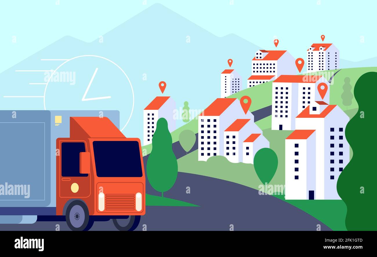 Consegna camion in città. Posta commerciale, trasporto veloce espresso mobile. Servizi di tracciamento GPS, illustrazione vettoriale logistica intelligente Illustrazione Vettoriale