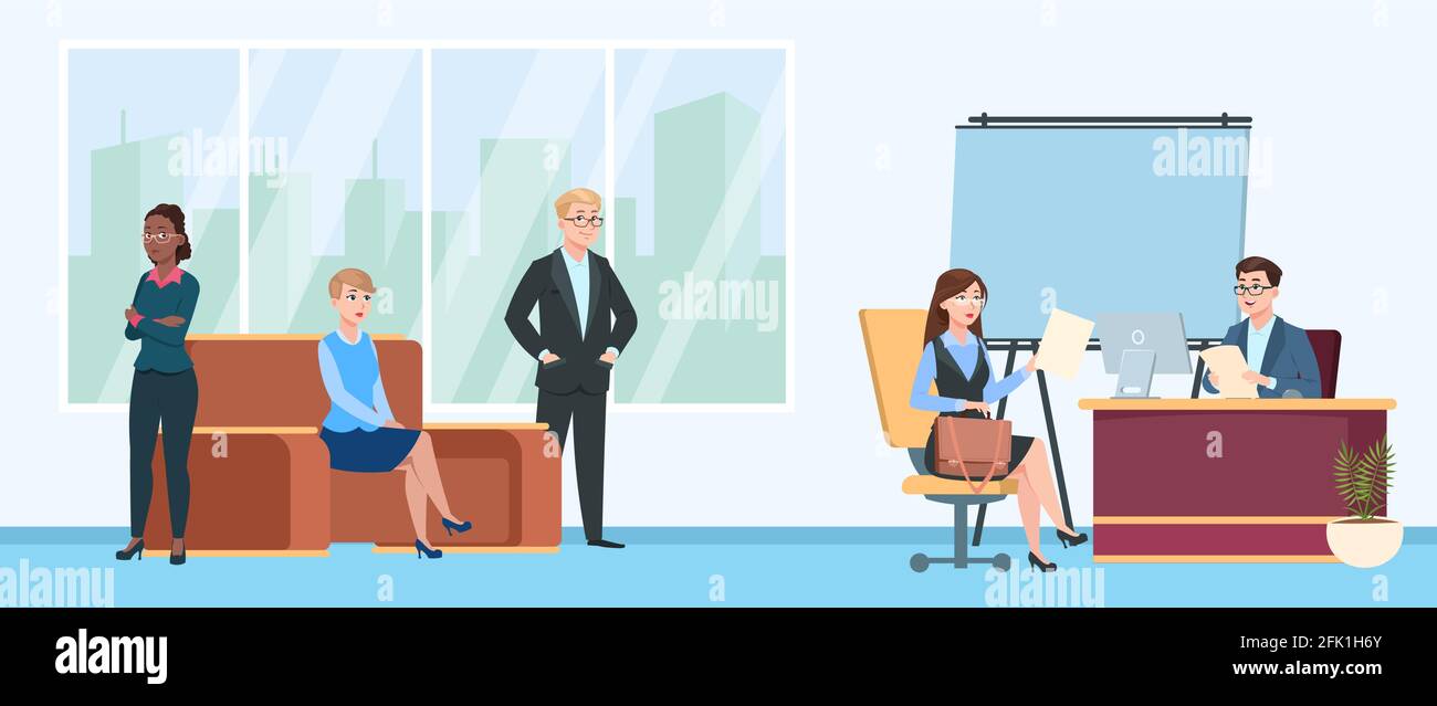 Coda dei colloqui di lavoro. Persone in sala fila d'attesa, cartone animato uomo donna nervi personaggi. HR o ufficio di reclutamento, dipendenti che cercano Illustrazione Vettoriale
