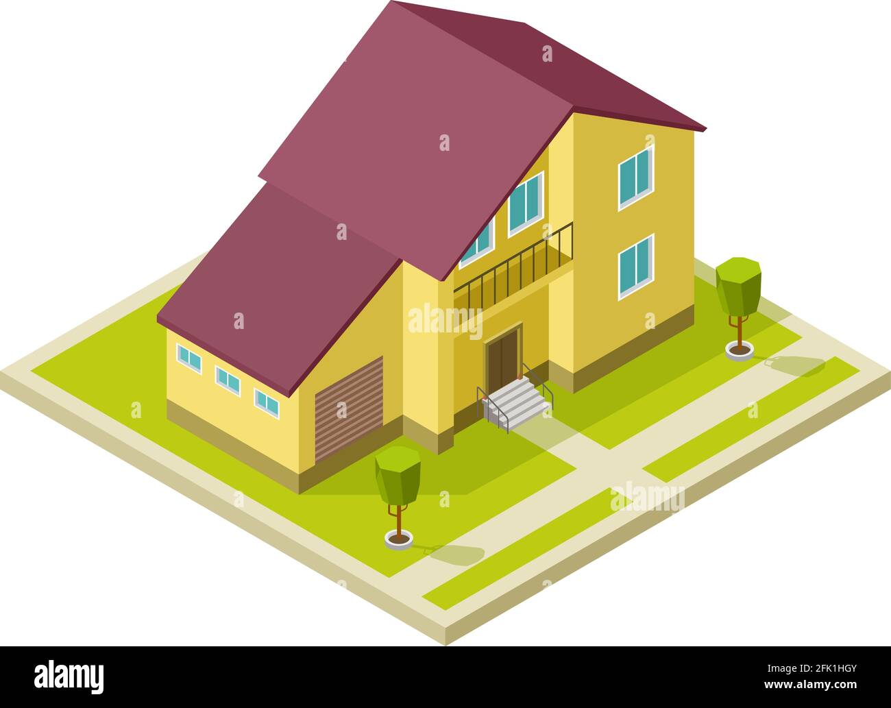 Casa familiare. Casa rurale esterno con garage. Isolamento isometrico 3d cottage, modellazione di edifici vettoriale illustrazione Illustrazione Vettoriale