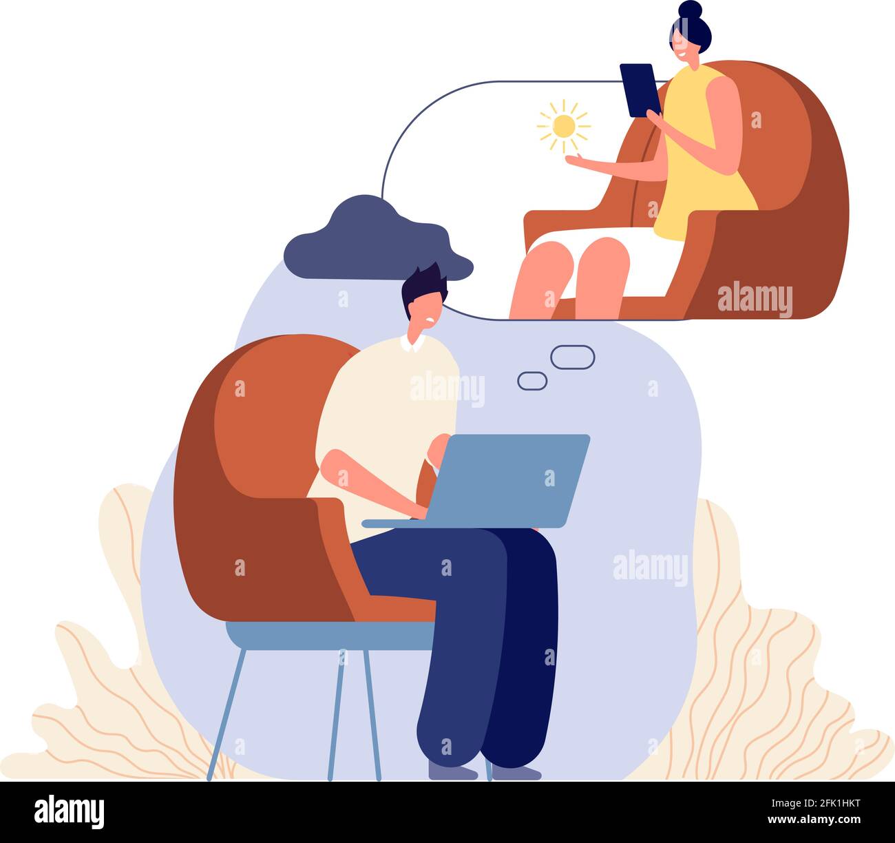 Consulenza terapista online. Psicologa femminile, supporto psicoterapeutico. L'uomo ha confuso, paziente con stress o depressione vettore concetto Illustrazione Vettoriale