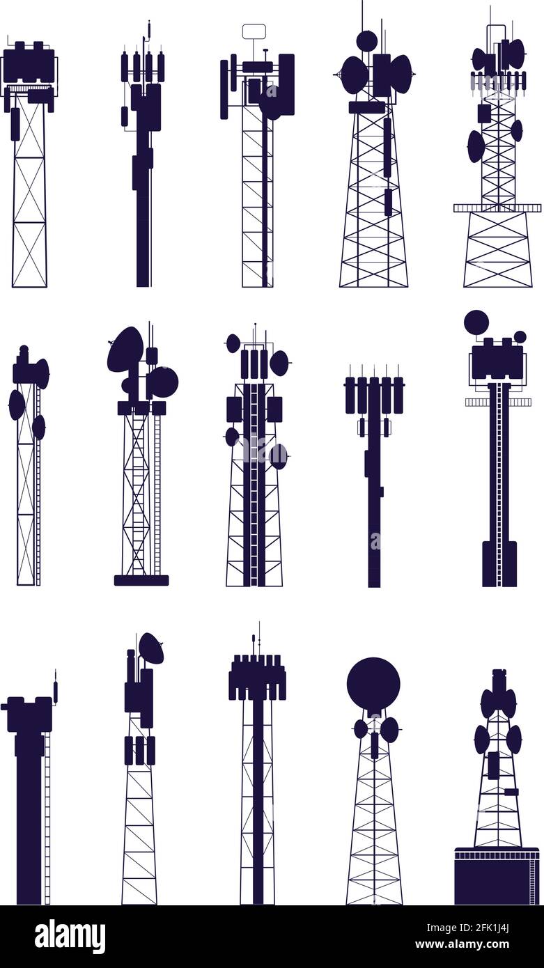 Sagome della torre dell'antenna. Apparecchiature di comunicazione isolate, costruzioni di telecomunicazioni radio di mezzi. Insieme vettoriale per la tecnologia di rete Illustrazione Vettoriale