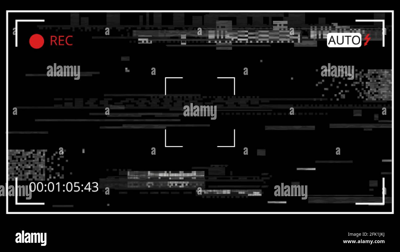 Sfondo glitch. Vecchia scuola senza effetto segnale, vintage schermo digitale. Visualizzazione telecamera o monitor, distorsione tv vhs 80 s al buio. Rumore retrò sgranato Illustrazione Vettoriale