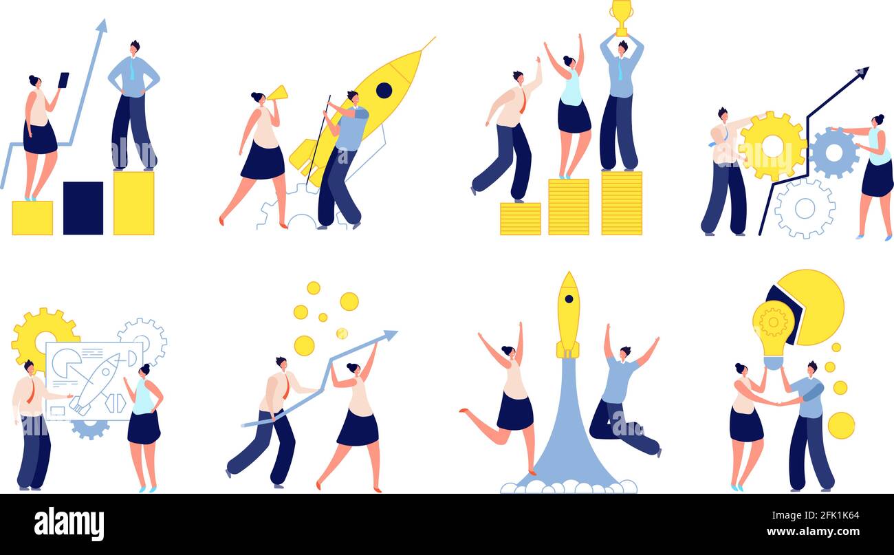 Avvio aziendale riuscito. Persone che incoraggiano, iniziano a sviluppare idee e accelerano lo sviluppo dell'innovazione. Illustrazione moderna e creativa del team vettoriale Illustrazione Vettoriale