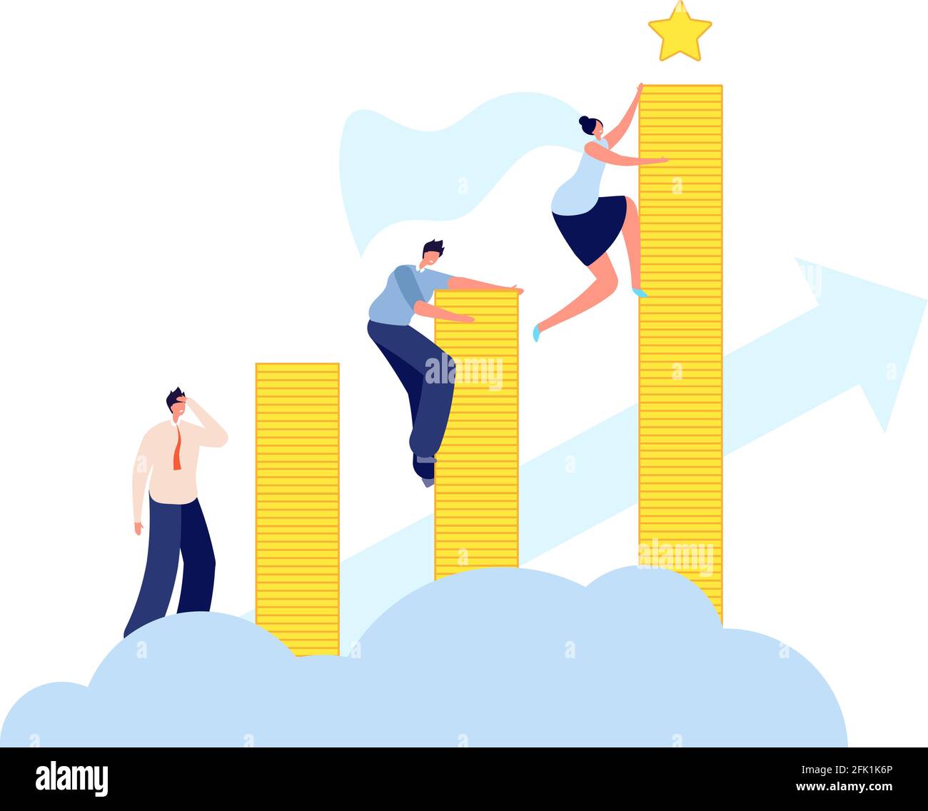 Crescita della carriera femminile. Business moderno, donna che aspira al successo. Ascesa al traguardo, leadership e sviluppo. Concetto vettoriale motivazione ragazza Illustrazione Vettoriale