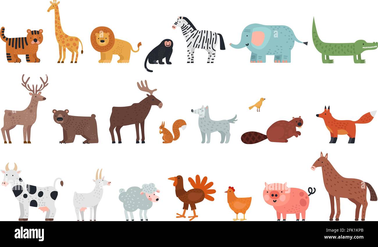 Animali diversi. Fattoria savanna fauna forestale, isolati fauna selvatica caratteri. Lupo tigre orso scoiattolo cervo, volpe e pecora illustrazione vettoriale Illustrazione Vettoriale