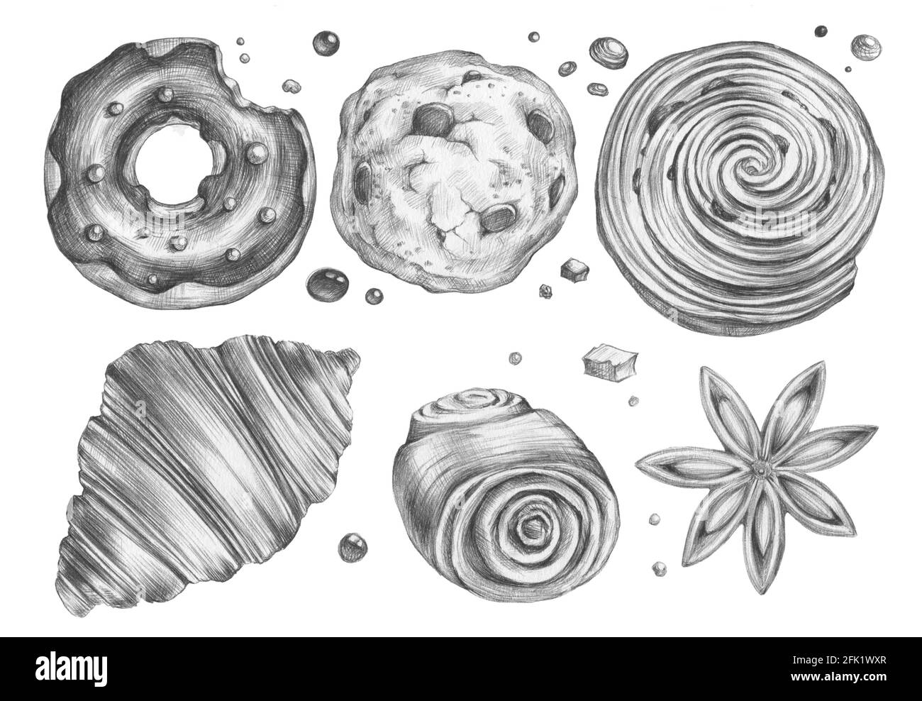 Set di prodotti da forno dolci come biscotti, pasta di noci danesi, ciambelle, ciambelle ripieni, croissant e biscotti. Illustrazione della tagliatella disegnata a mano Foto Stock