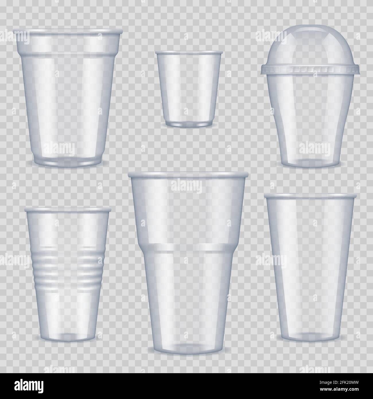 Coppe in plastica. Contenitore vuoto trasparente per bevande alimenti e bevande modello di tazze in plastica vettoriale immagini realistiche Illustrazione Vettoriale