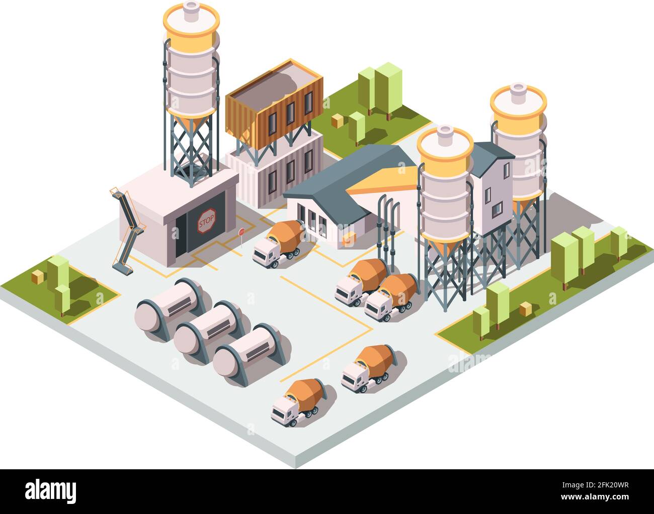 Fabbrica di calcestruzzo. Macchine produzione industriale concetto industriale betoniera e serbatoi vettore isometrico Illustrazione Vettoriale