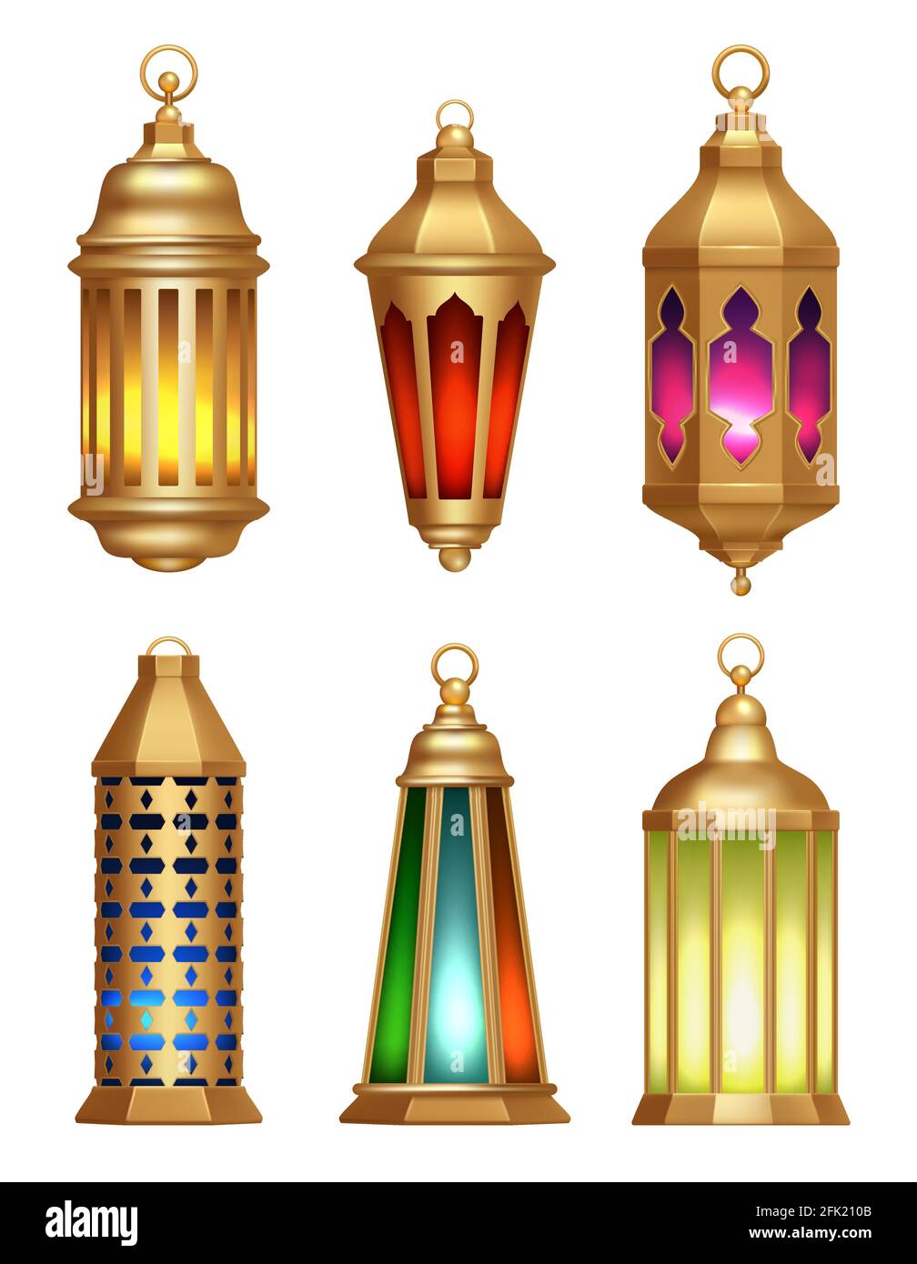 Lampade islamiche. Ramadan lanterne arabico vintage lampade d'illuminazione oro vettore immagini realistiche Illustrazione Vettoriale