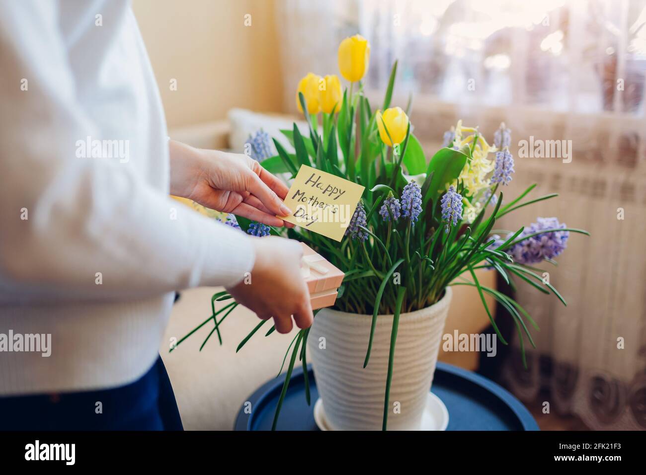 Buon giorno della Madre. La donna tiene il biglietto d'auguri con fiori blu di primavera fioriti a casa. Presente per le vacanze con 2021 colori Foto Stock