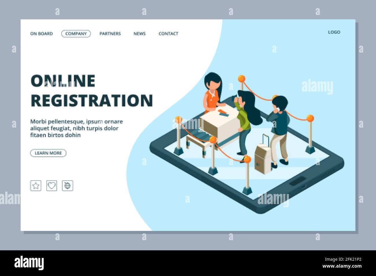 Pagina di destinazione per la registrazione online. Reception isometrica, passeggeri con bagagli. Concetto vettoriale dei servizi aeroportuali online Illustrazione Vettoriale