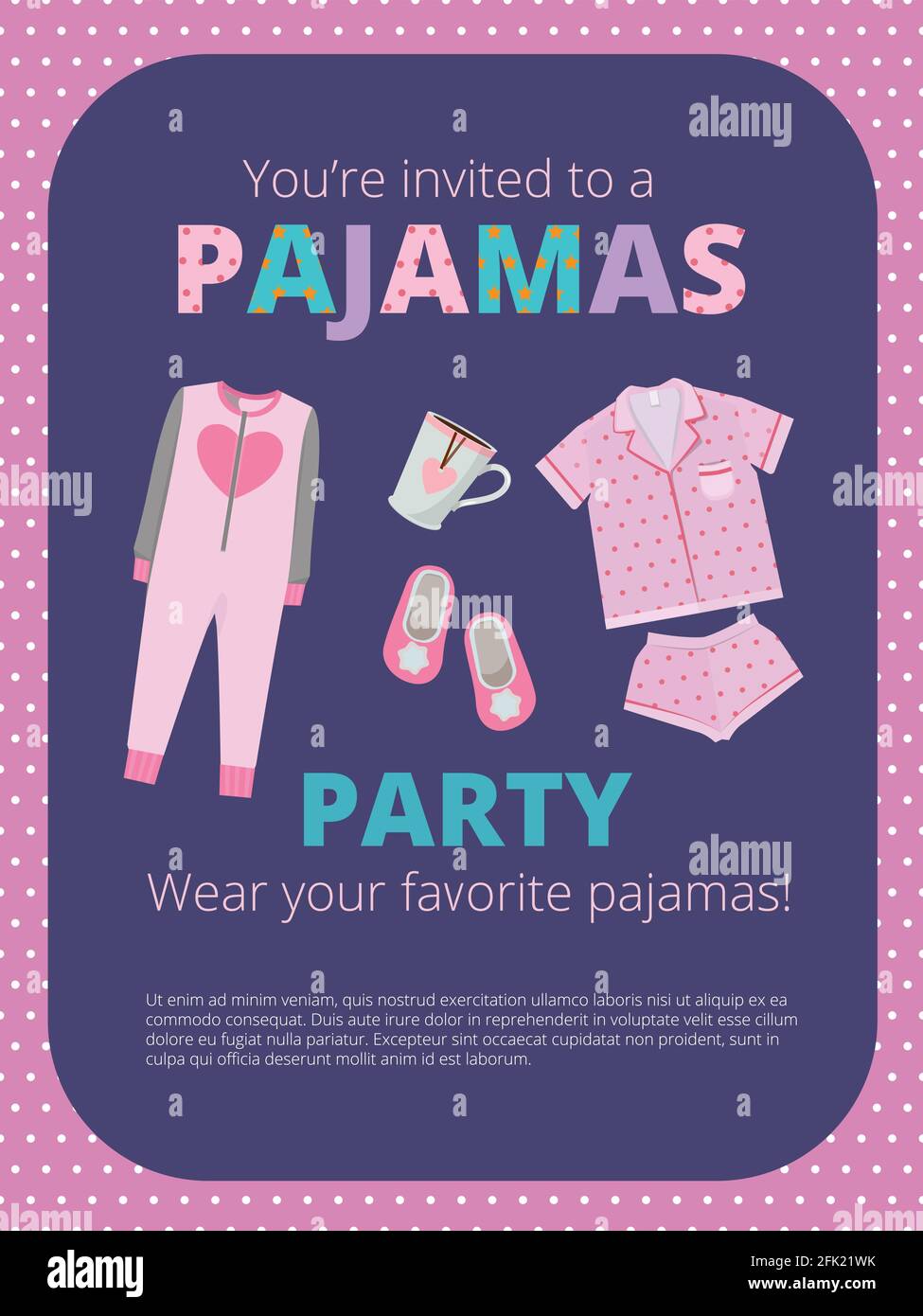 Poster del party pajama. Invito per la festa notturna bambini e genitori indumenti da notte casual grande vettore partito letto Illustrazione Vettoriale