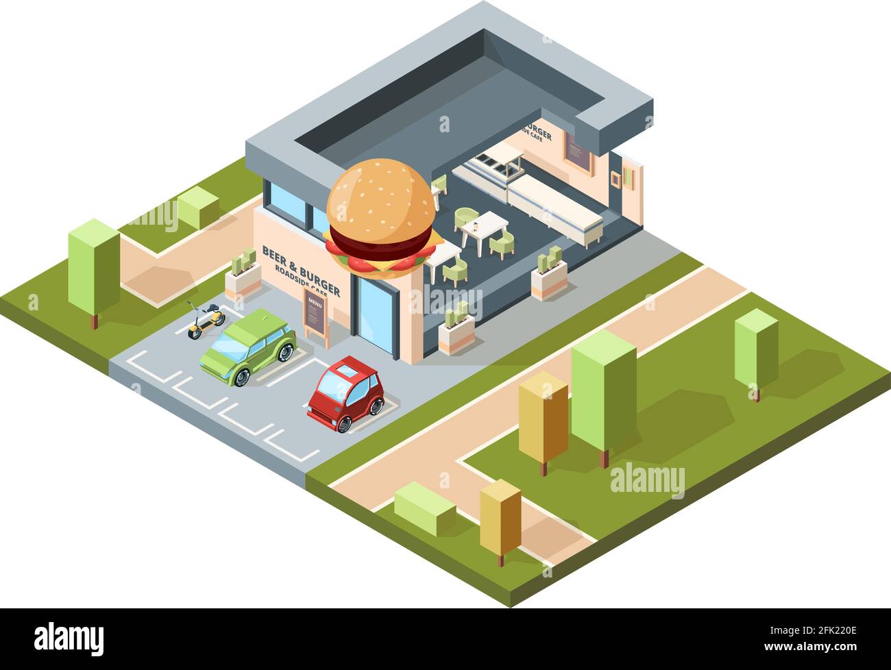 Pizzeria esterna. Moderno urbano fast food ristorante città mappa isometrica con edifici facciate vettore infrastrutture Illustrazione Vettoriale