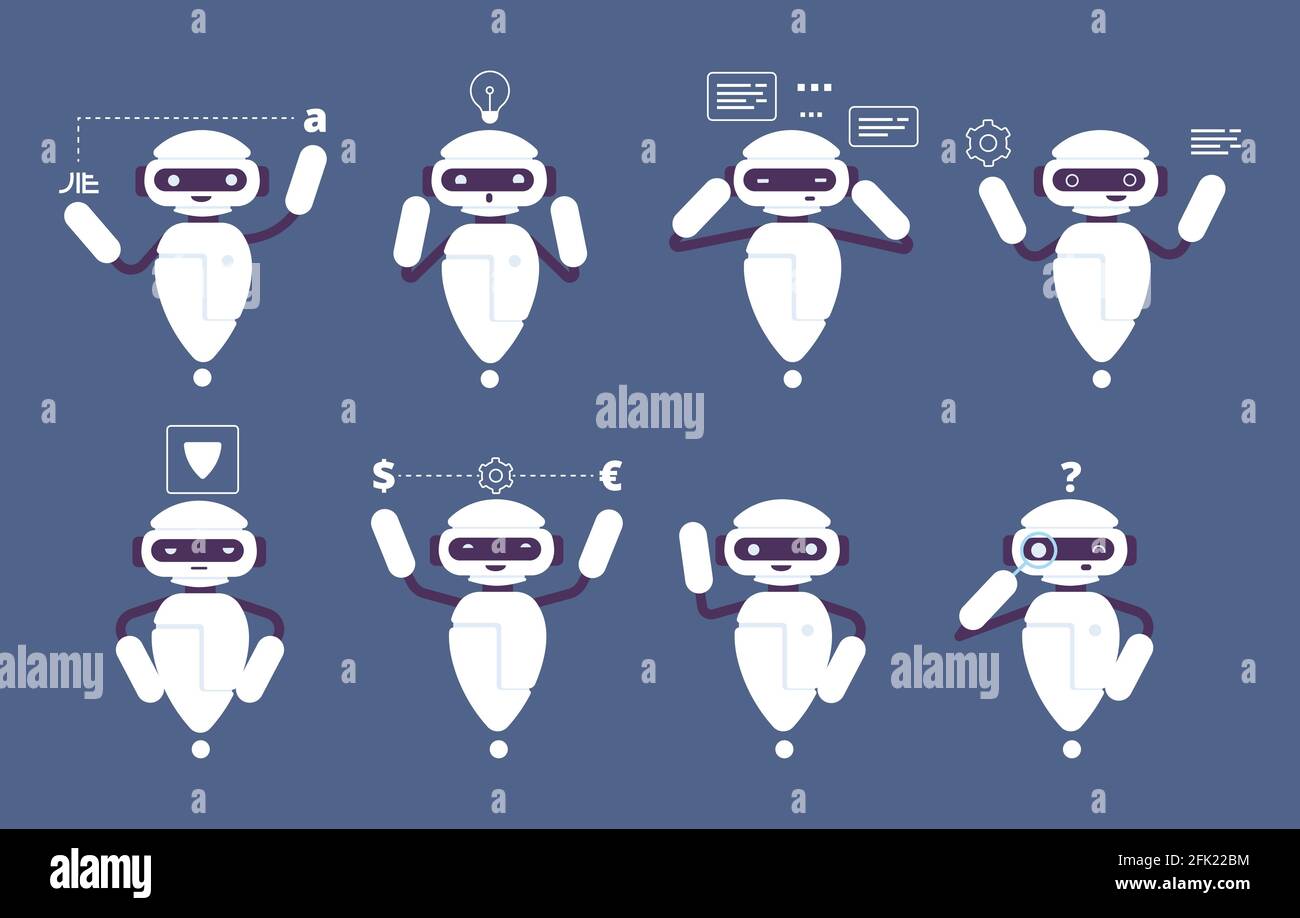 Robot chatbot. Online mascotte carino personaggio camminare in piedi parlando pose divertente vettore chatbot Illustrazione Vettoriale