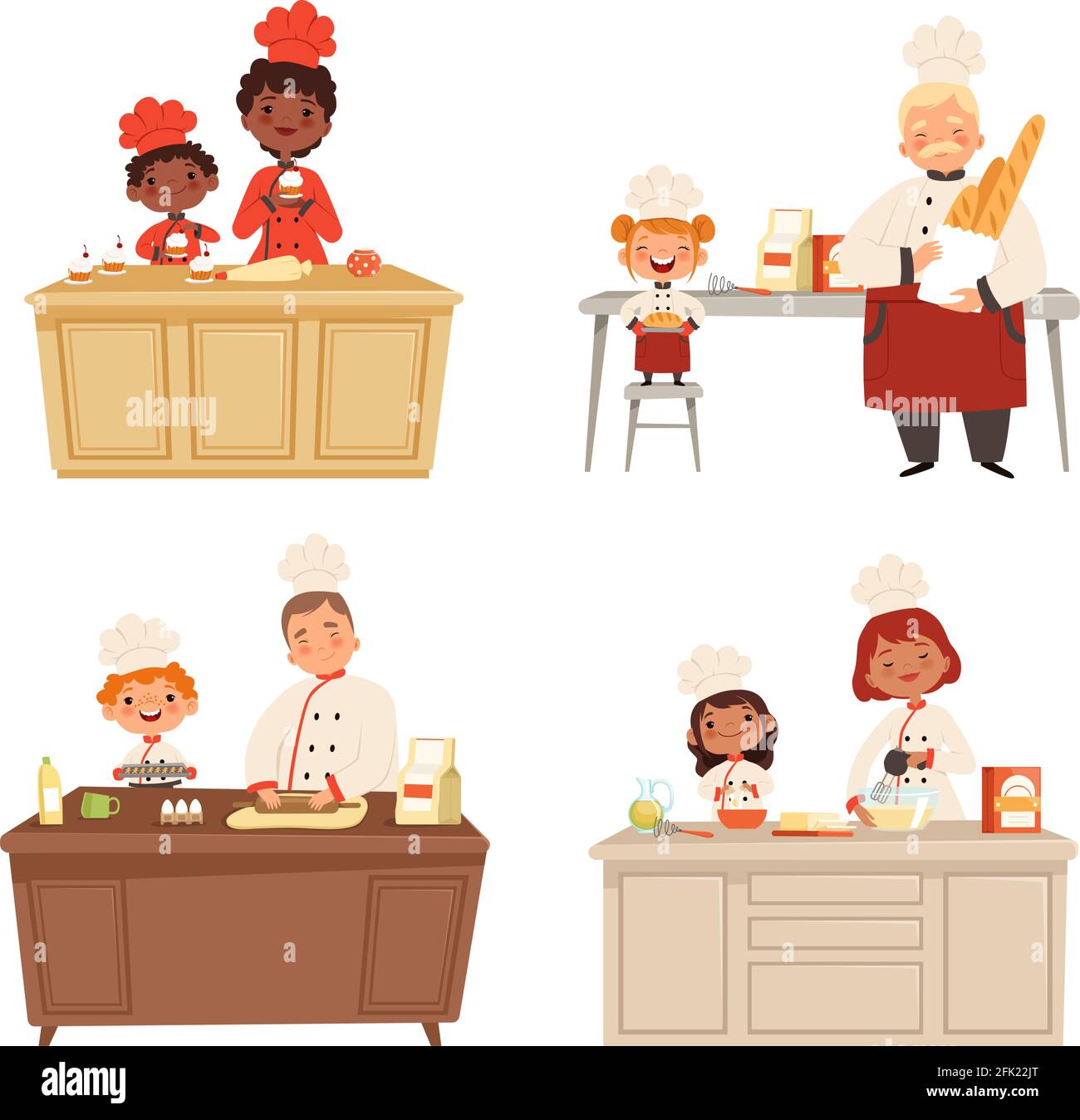 Cucina per bambini. Chef uniforme fare cibo con adulti cucinare uomini e donne professionisti popoli caratteri vettoriali Illustrazione Vettoriale