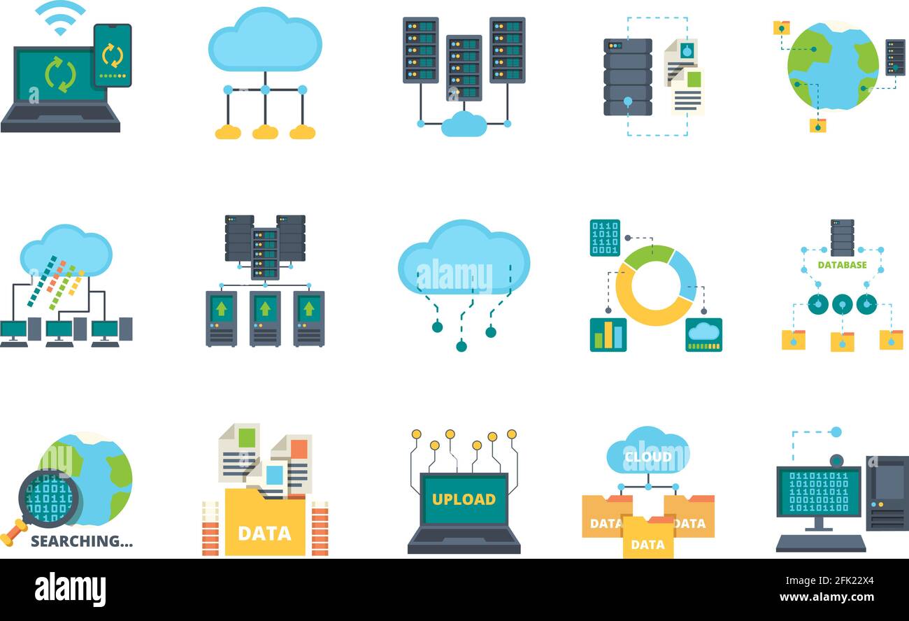 Icone del database. Server Cloud Management Network processi sicurezza basi informatiche vettoriali online flat pictures set Illustrazione Vettoriale