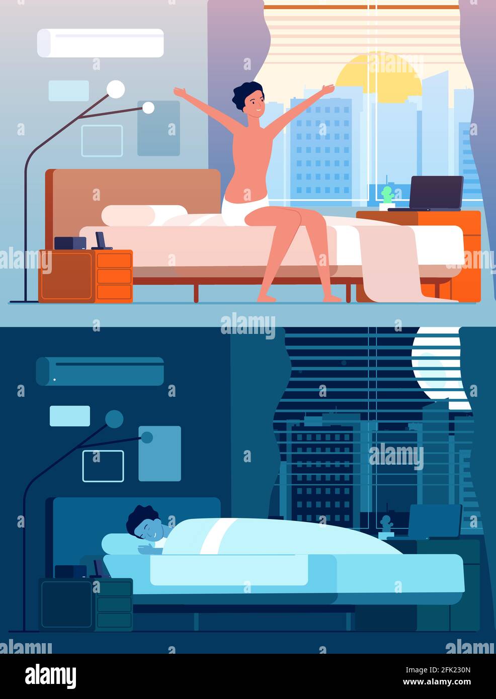 L'uomo si sveglia. I personaggi maschili nella notte del letto rilassano la mattina seduta e risvegliando la persona piatta vettoriale Illustrazione Vettoriale