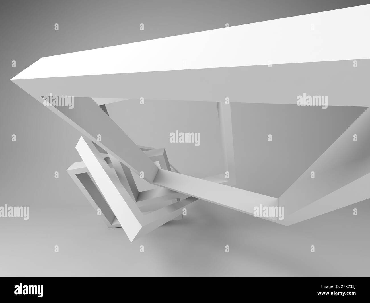 Sfondo digitale astratto con installazione di forme bianche in una stanza vuota, vista grandangolare, rappresentazione 3d Foto Stock