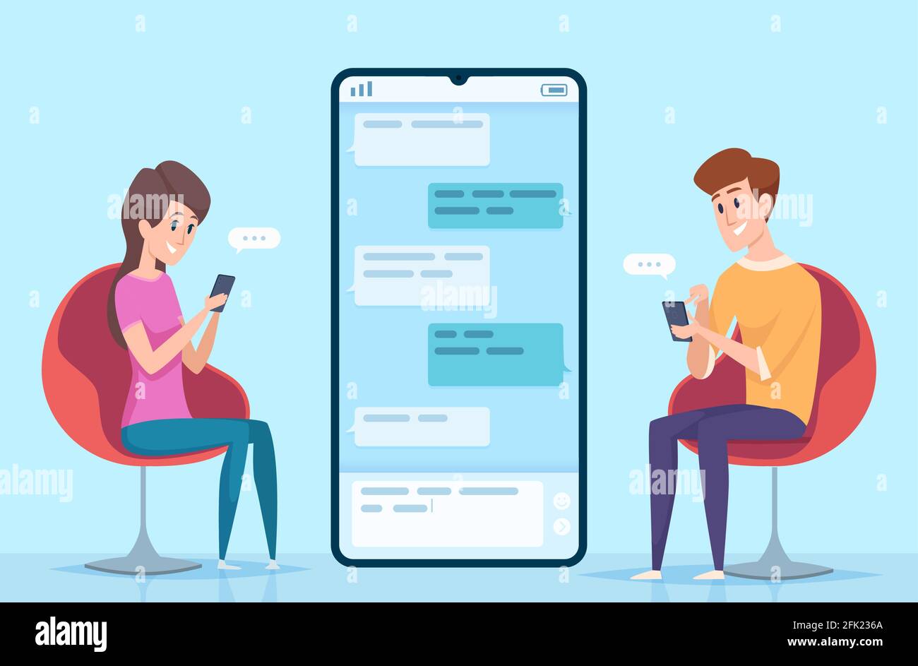 Utenti di messaggistica. Coppia di personaggi maschili e femminili online dating chatting dialogo sicuro su smartphone vettore concetto Illustrazione Vettoriale