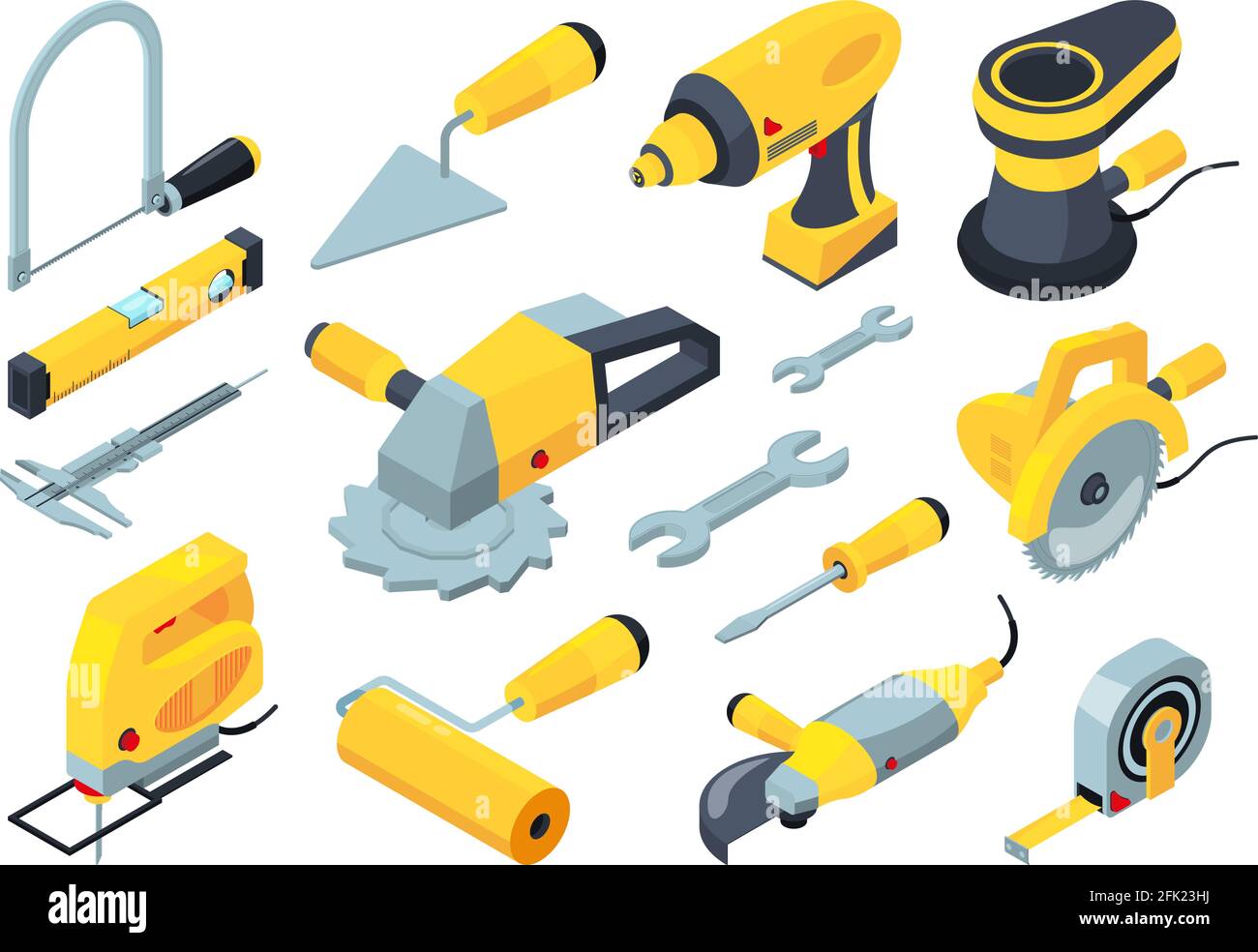 Strumenti di costruzione. Martello perforatore pennello misuratore attrezzature vettoriale isometrico Illustrazione Vettoriale