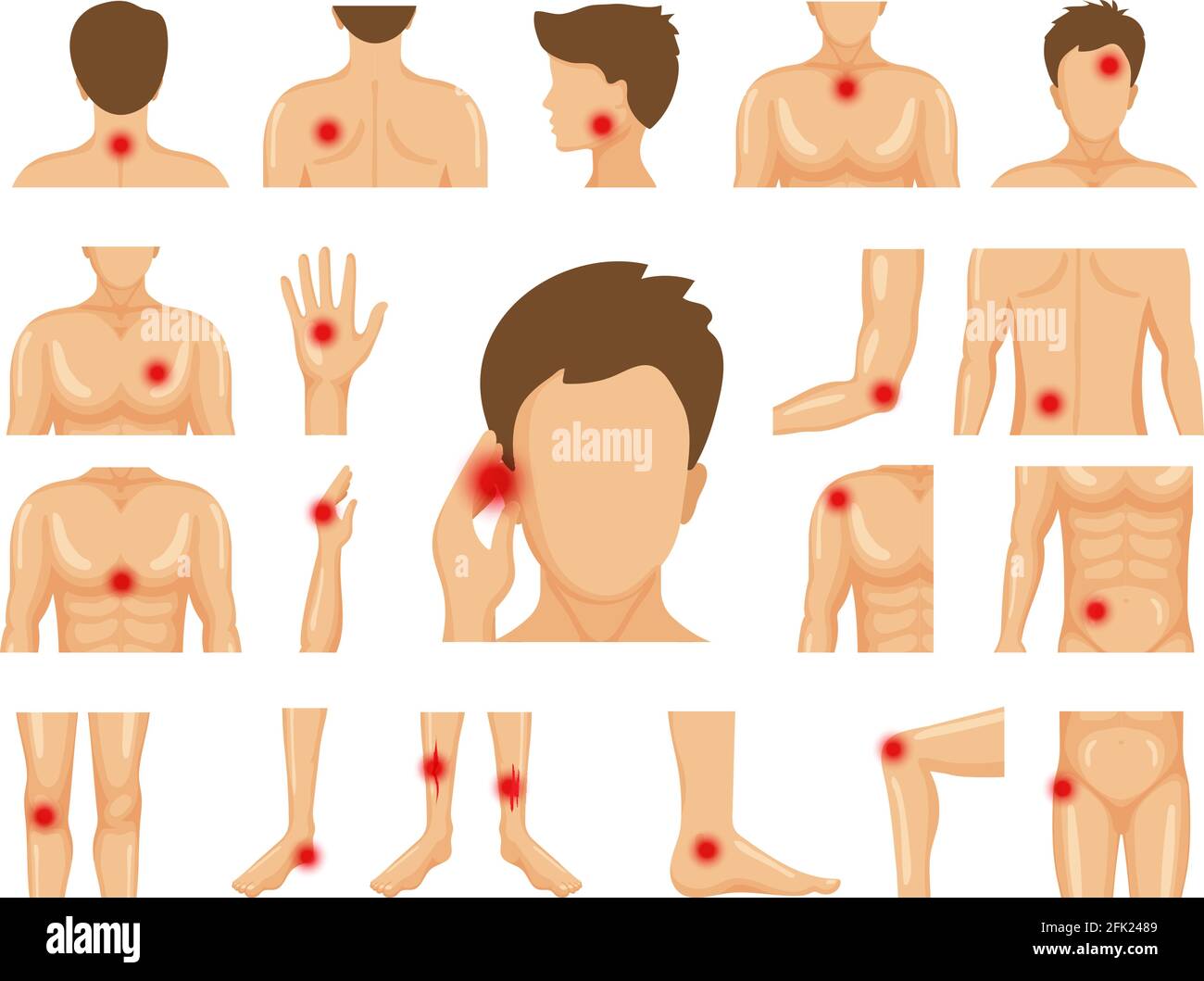 Dolore al corpo. Lesioni fisiche simboli di trauma umano sulle gambe spalle mani punti di dolore set vettoriale Illustrazione Vettoriale
