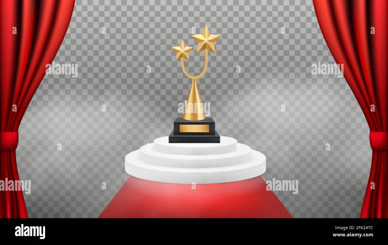 Premiazione di background. Trofeo d'oro sul podio bianco e tappeto rosso e tende. Vector reportal award winning sfondo Illustrazione Vettoriale