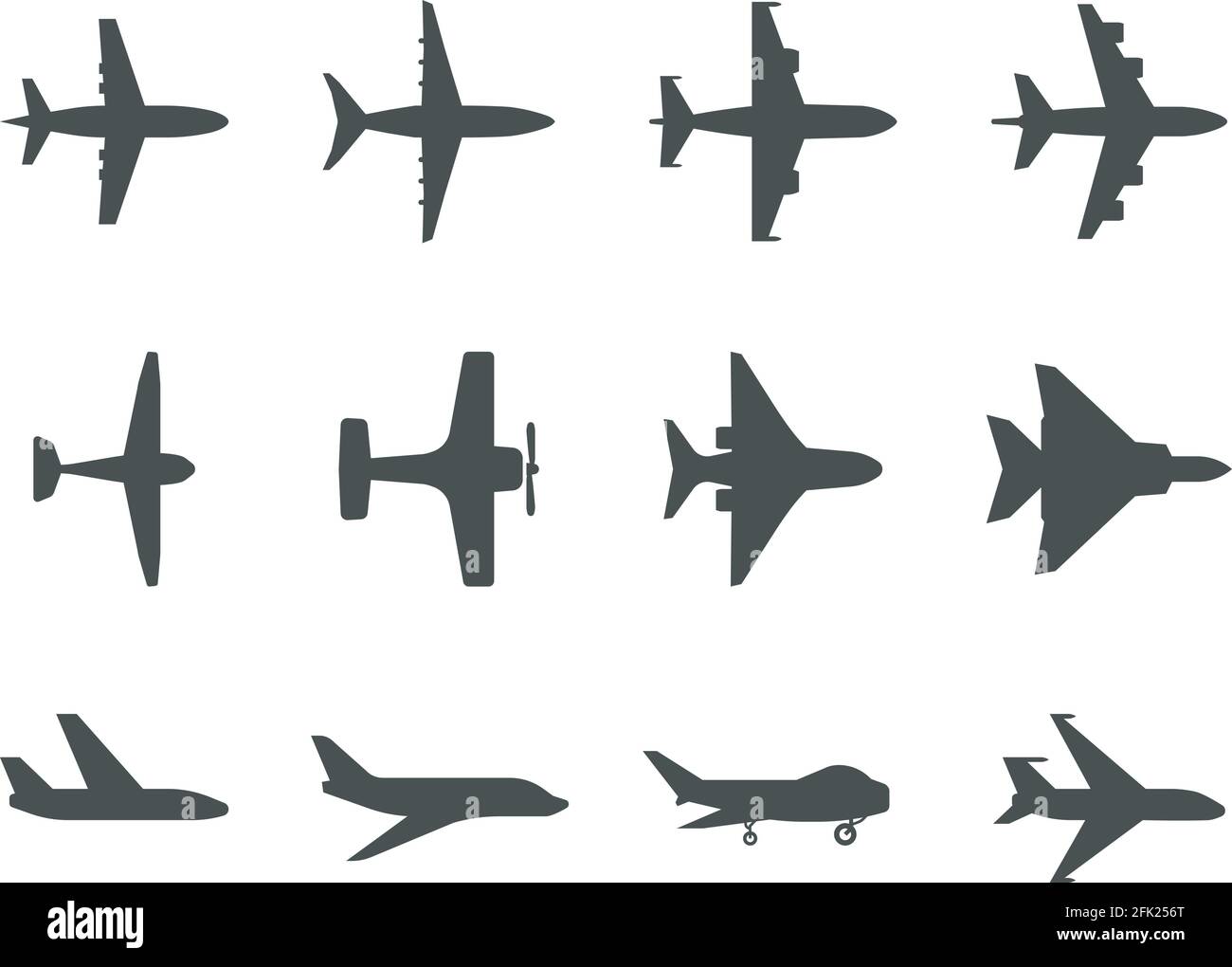 Simboli piani. Silhouette di velivoli trasporto aereo a getto per icone vettoriali di viaggio o pittogrammi Illustrazione Vettoriale