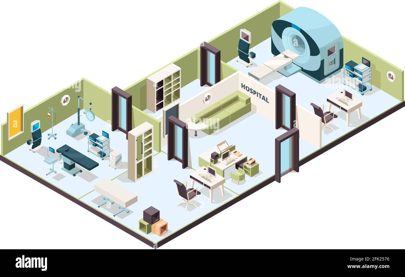 Interno della clinica. Uffici ospedalieri moderni sale d'attesa all'interno degli edifici sala con mobili vettoriali isometrici Illustrazione Vettoriale