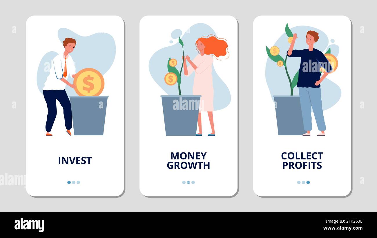 Investimenti. Pagine di app online per le banche di investimento. La gente sviluppa i soldi, raccolgono i profitti. Banner vettoriali per la crescita del denaro Illustrazione Vettoriale
