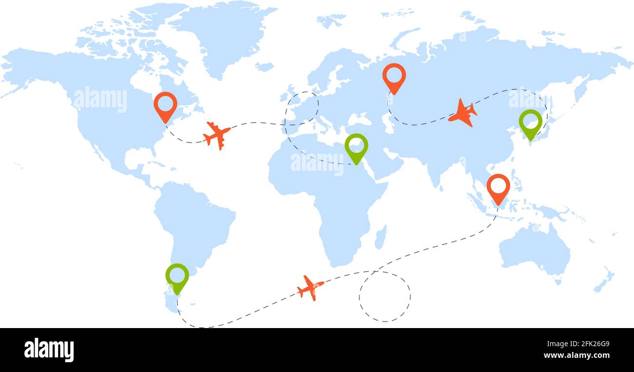 Rotta aerea. Mappa mondiale con pittogrammi di piani e forme viaggio direzione percorso in cielo vettore sfondo Illustrazione Vettoriale