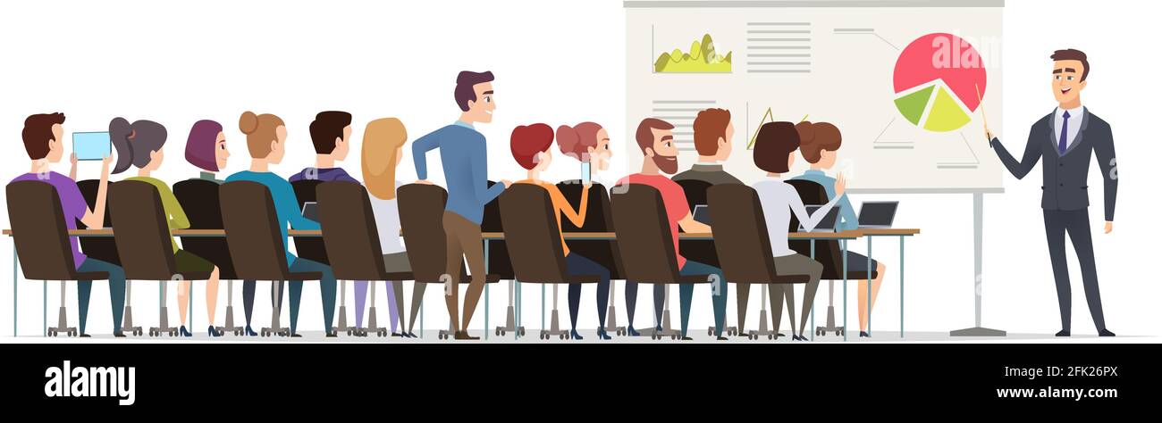 Conferenza aziendale. I dirigenti seduti nella sala conferenze ascoltano il discorso del vettore del gruppo esecutivo pubblico del lettino di affari Illustrazione Vettoriale