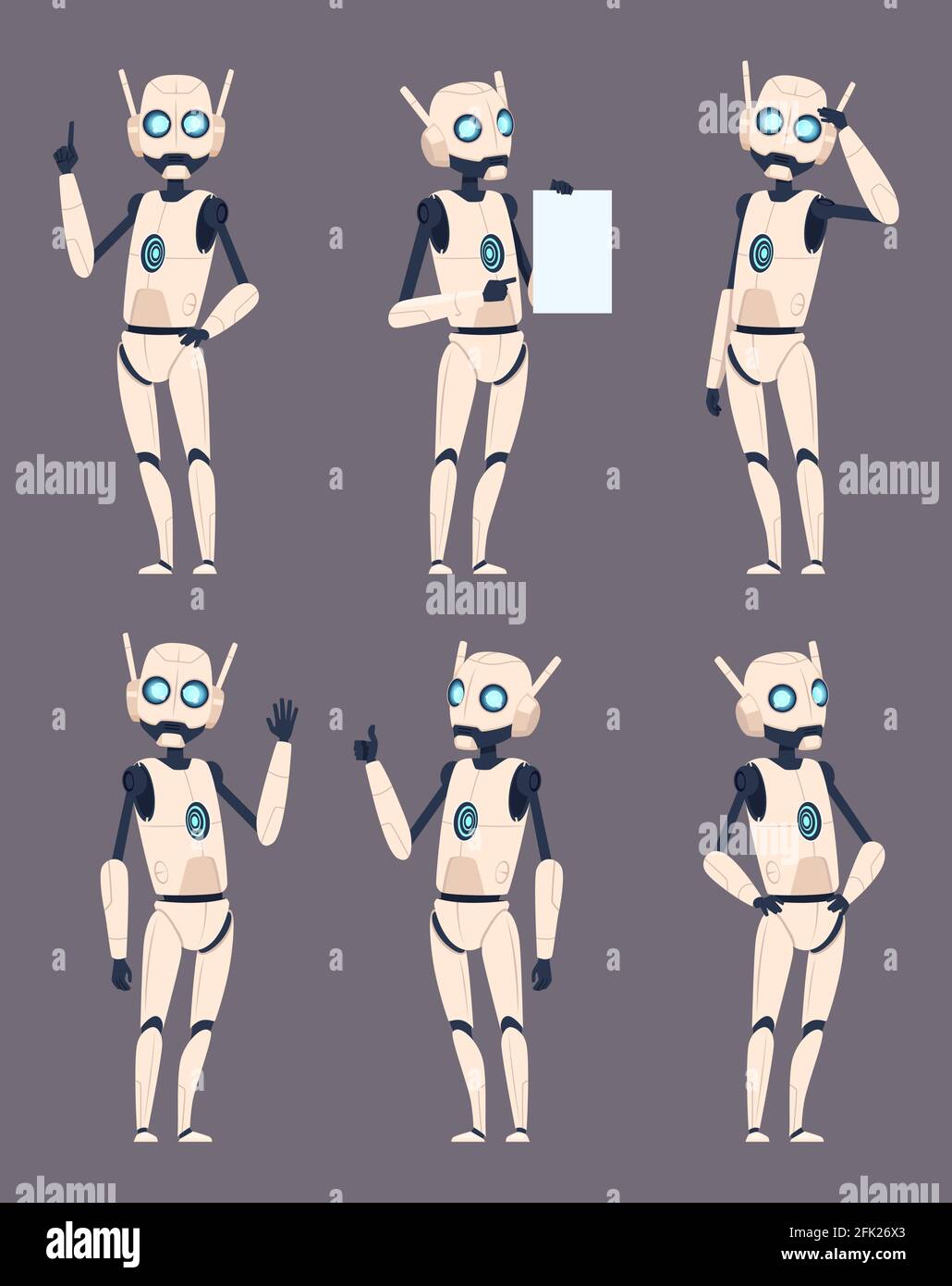 Caratteri Android. Cyborg in diverse pose che puntano in piedi vettore spaziale umanoide insieme futuristico Illustrazione Vettoriale