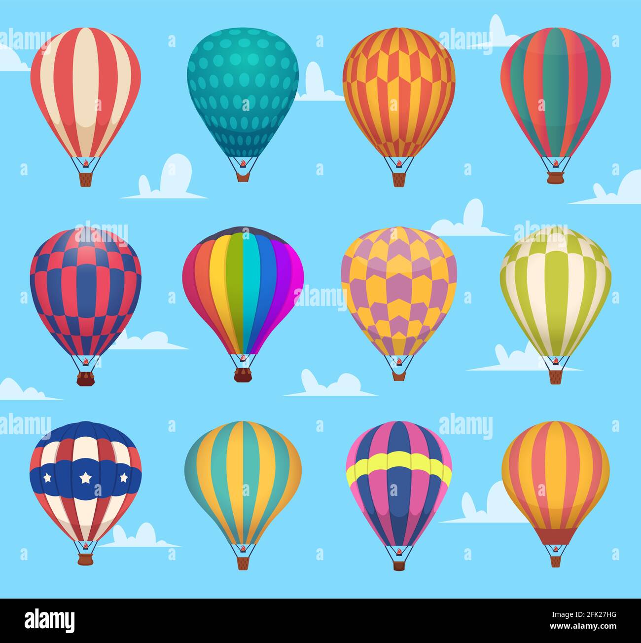 Aerostati. Festival romantico volo all'aperto mongolfiere aerei trasporto vettore cartoon set Illustrazione Vettoriale