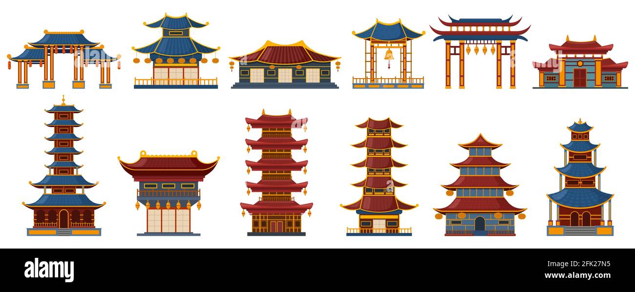 Edifici tradizionali cinesi. Edifici tradizionali asiatici, porta pagoda, tempio e palazzo patrimonio vettoriale set di illustrazione. Orientale antico Illustrazione Vettoriale