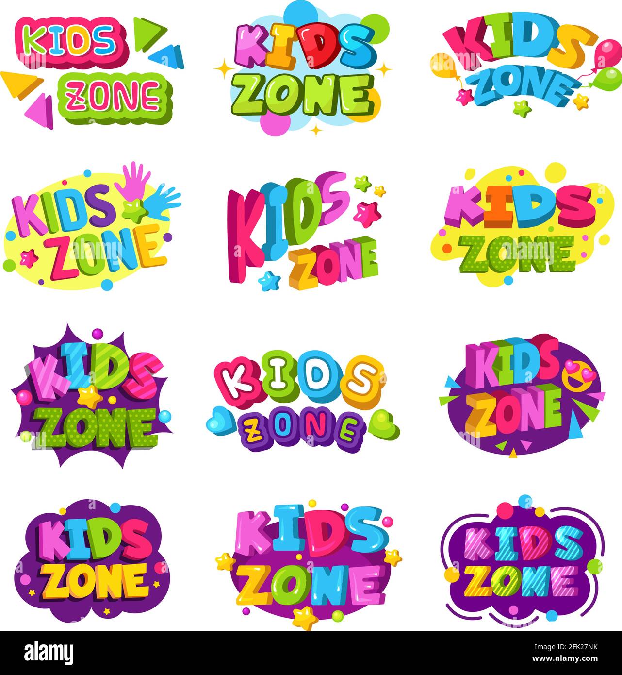 Logo della sala giochi. Area bambini colorati divertente badge testo simbolo grafico per giochi aree di formazione set vettoriale Illustrazione Vettoriale