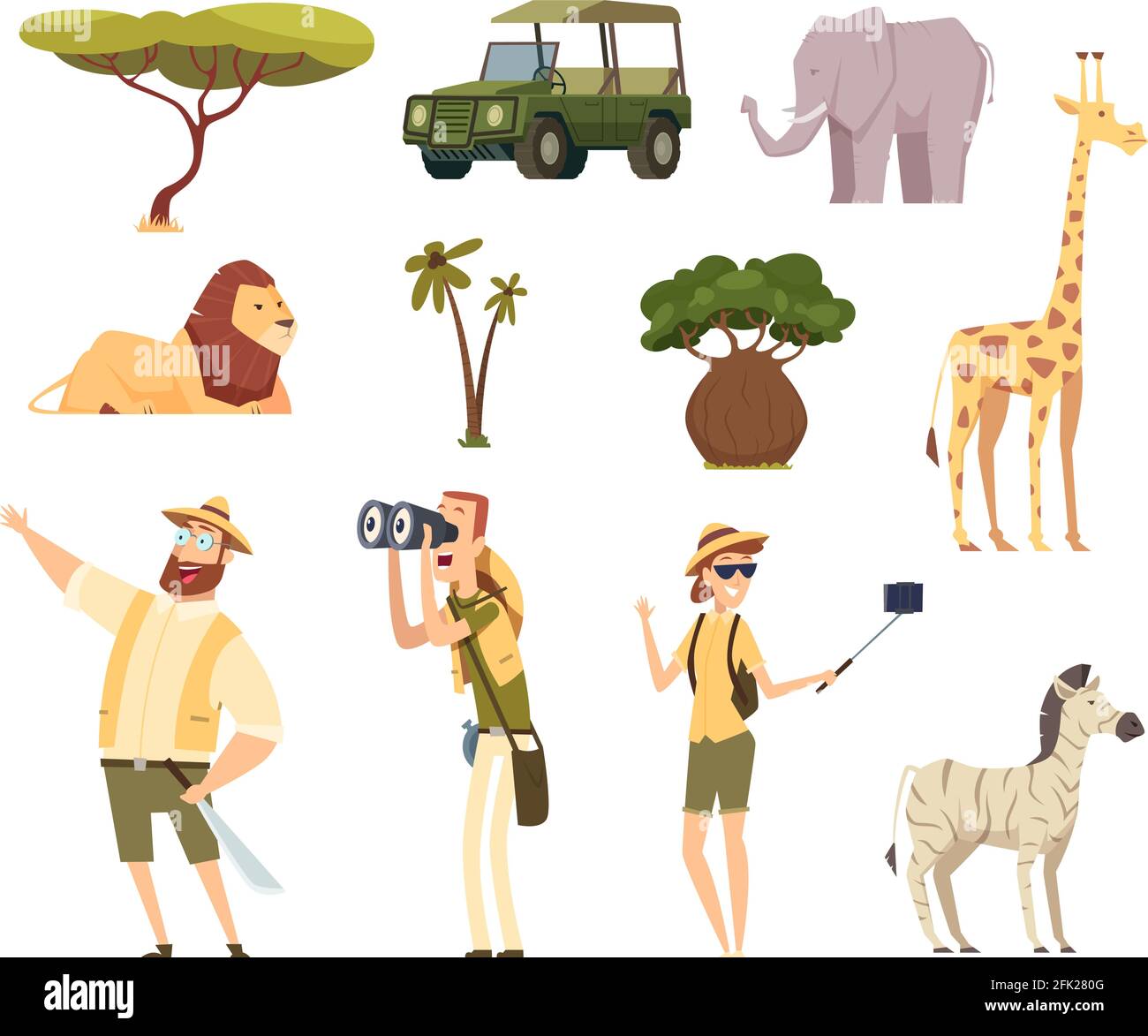 Safari africano. Animali selvatici viaggio auto kenya giungla personaggi vettore cartoon set Illustrazione Vettoriale