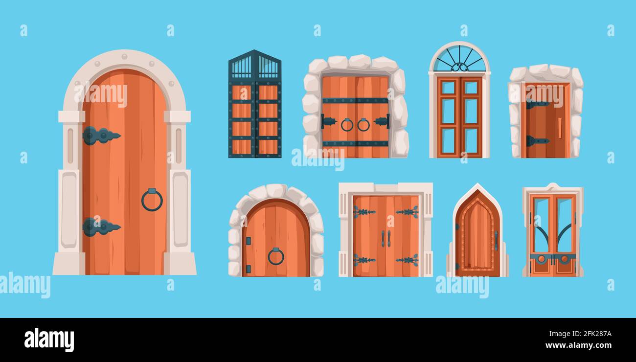 Porte medievali. Antiche porte in legno e acciaio vecchio muro portale misterioso porte vettoriali in stile piatto Illustrazione Vettoriale