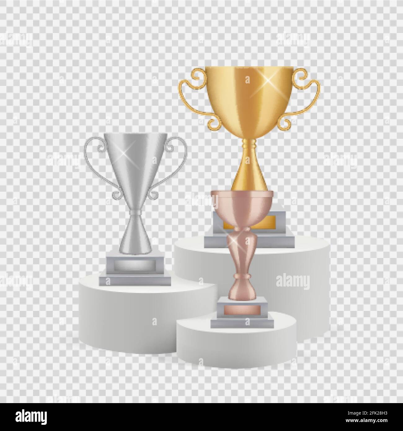 Trofeo sul podio. Coppe dorate, argentate e bronzee isolate su sfondo trasparente. Set vettoriale per i premi Illustrazione Vettoriale