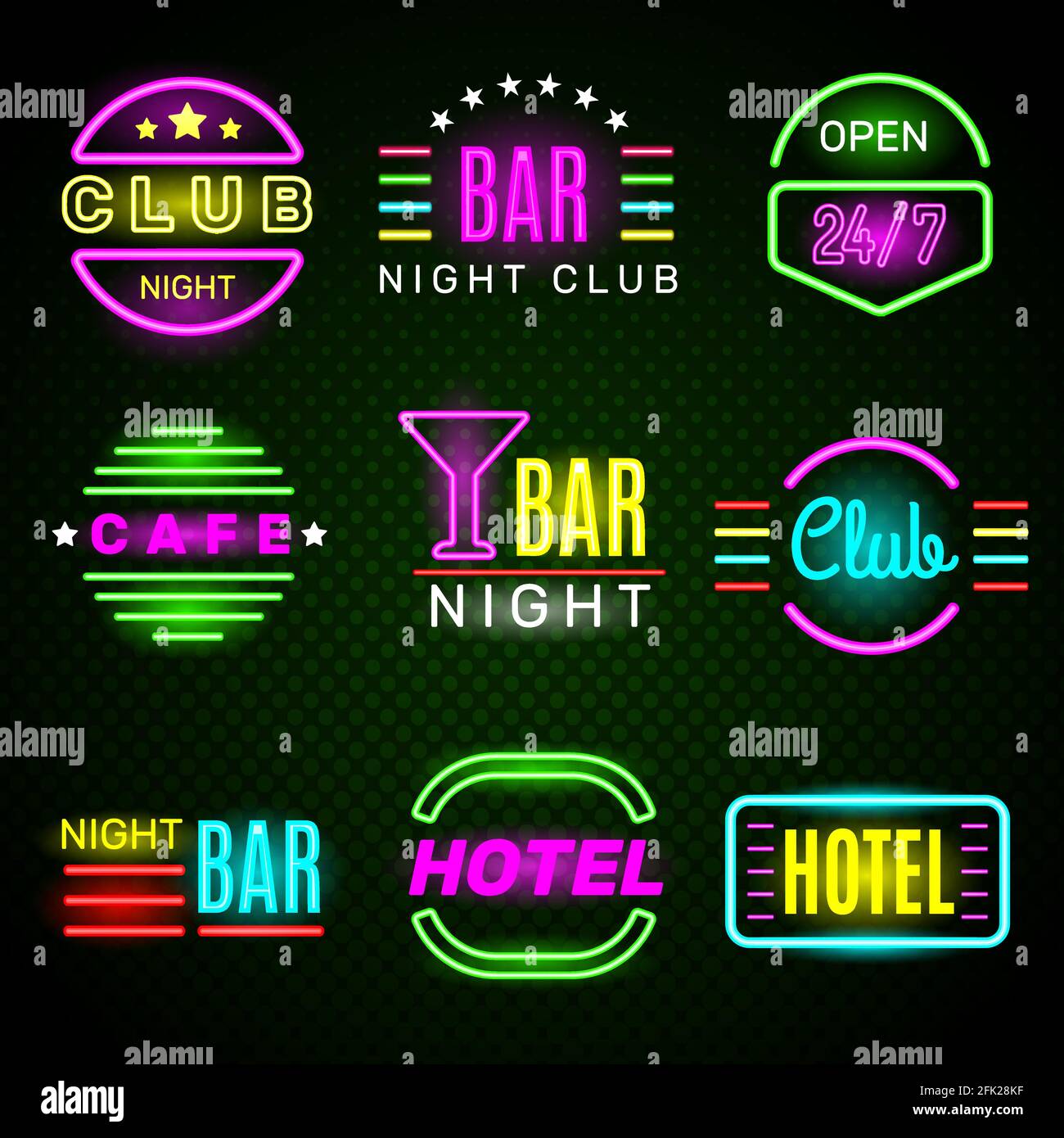 Hotel neon. Pubblicità retrò americano nightclub emblema segnaletica bagliore distintivi vettore Illustrazione Vettoriale