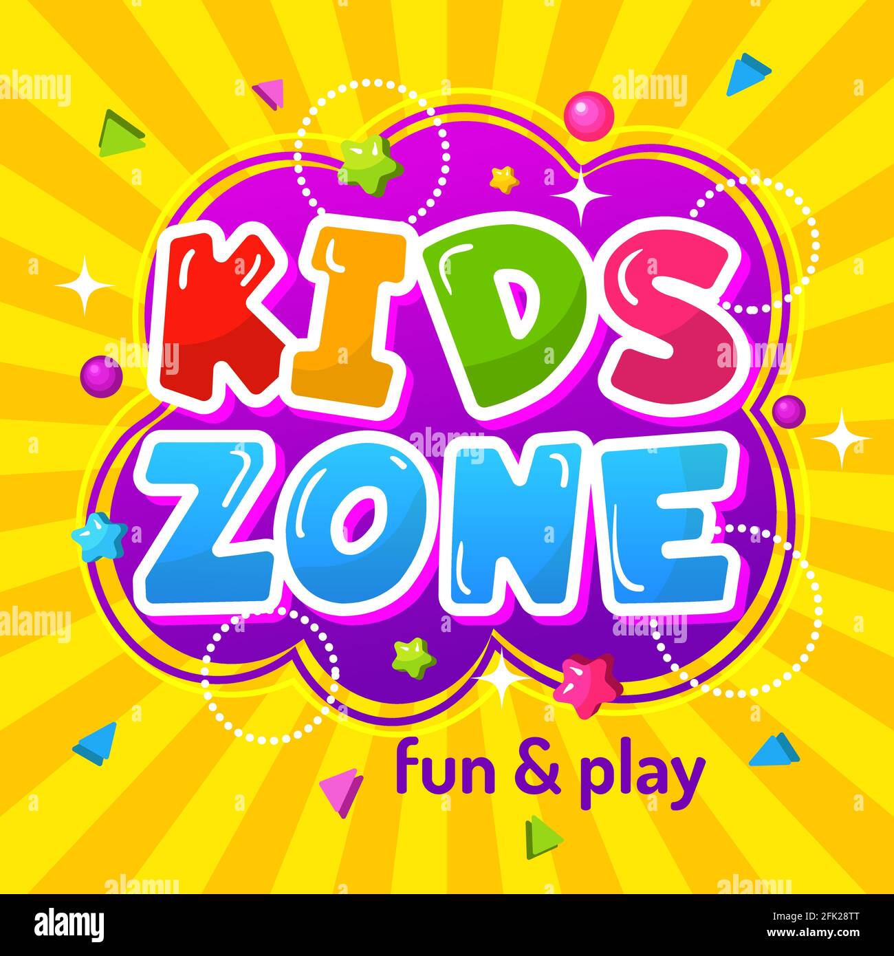 Zona bambini. Poster promozionale colorata area gioco emblema felice bambini per giochi modello vettoriale Illustrazione Vettoriale