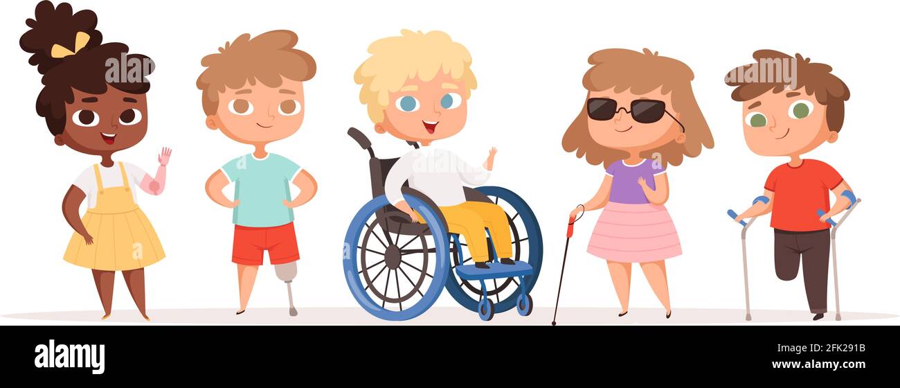 Bambini disabili. Bambini in sedia a rotelle persone malsane portatori di handicap persone vettoriali Illustrazione Vettoriale