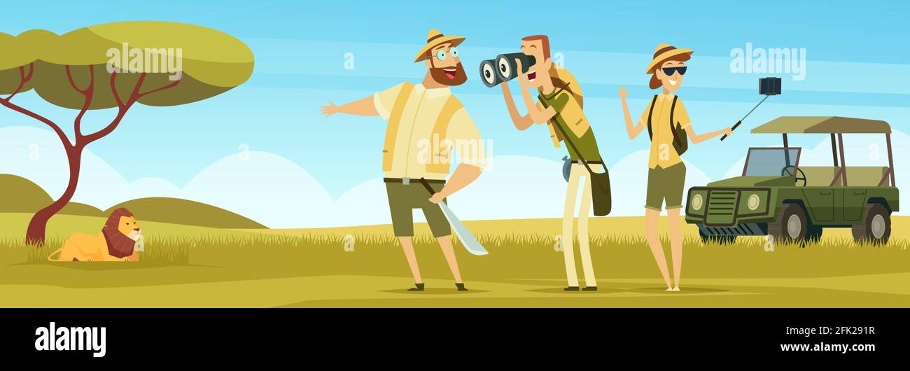 Safari sfondo. Paesaggio africano all'aperto con animali selvatici e viaggiatori in auto vettore kenya safari Illustrazione Vettoriale