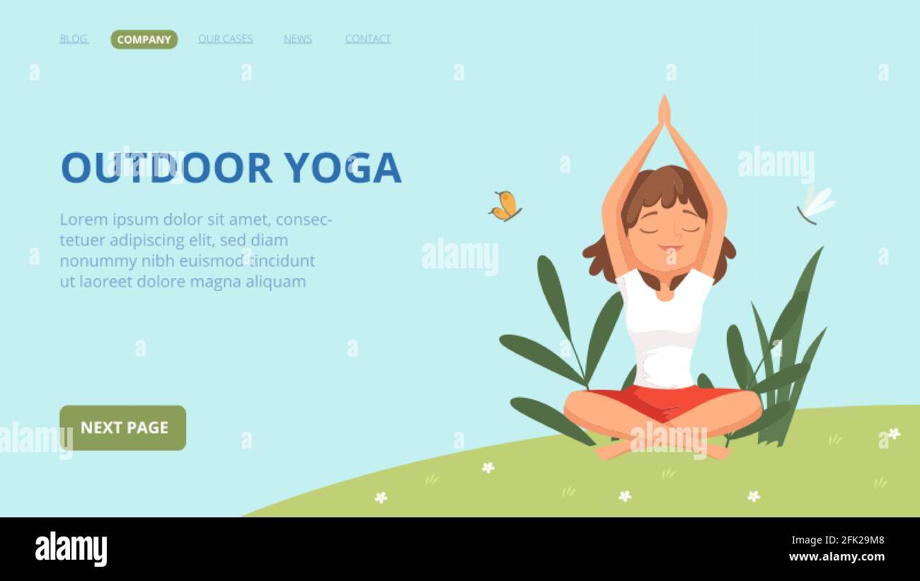 Landing page yoga all'aperto. Donna che fa esercizi nel parco. Banner vettoriale relax e meditazione Illustrazione Vettoriale