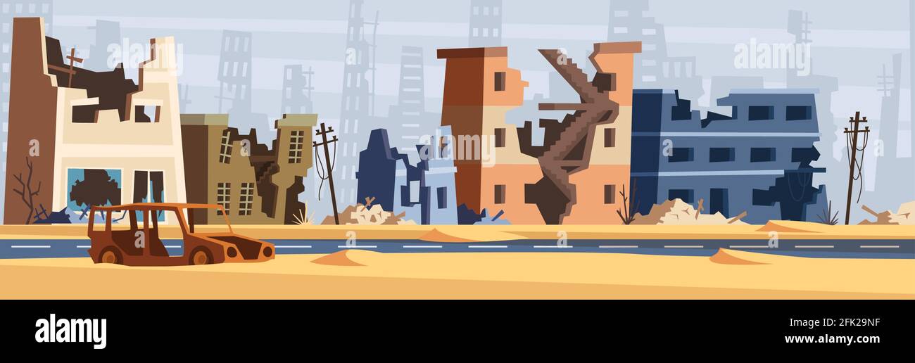 Zona di guerra. Città danneggiata distruggere l'ambiente edifici rotti e la distruzione stradale crollato mondo vettore sfondo cartoon Illustrazione Vettoriale