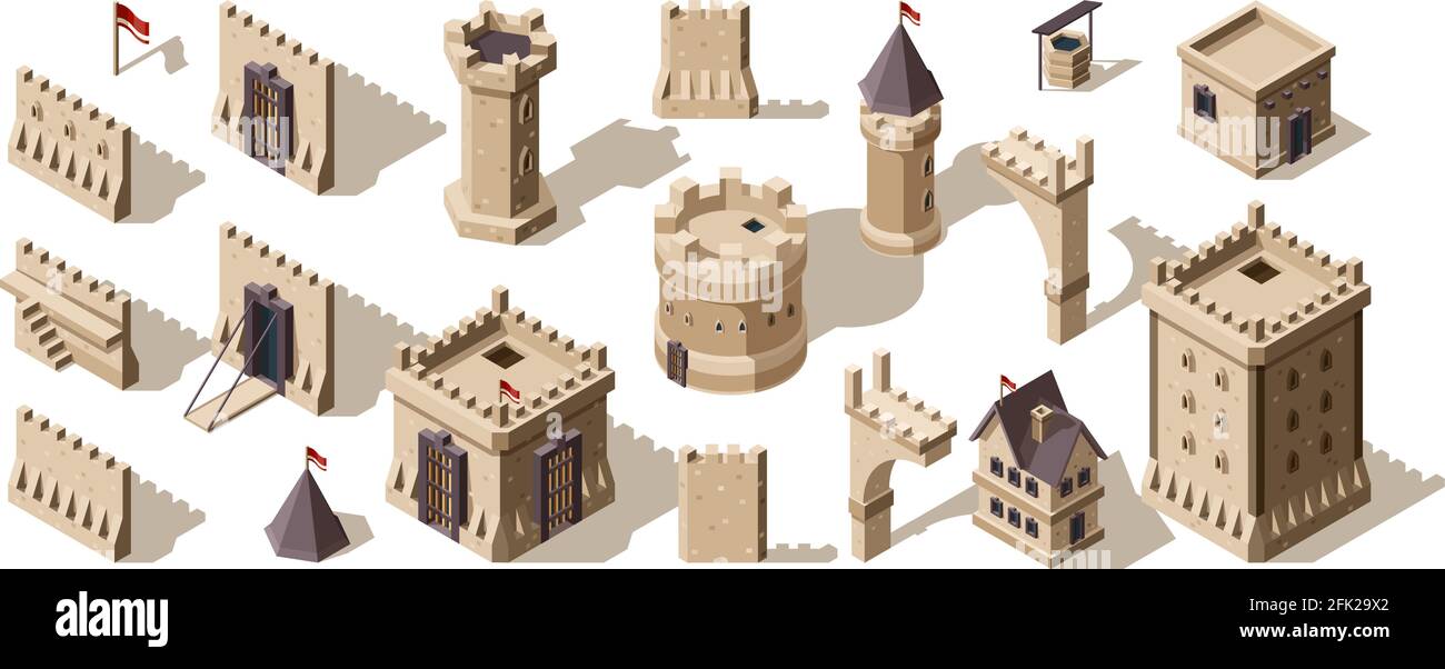Castelli isometrici. Edifici medievali muro di mattoni per basso poly game asset vecchio forte insieme vettoriale Illustrazione Vettoriale